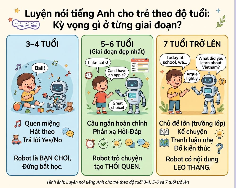 Luyện nói tiếng anh cho trẻ theo độ tuổi 3-4, 5-6 và 7 tuổi trở lên