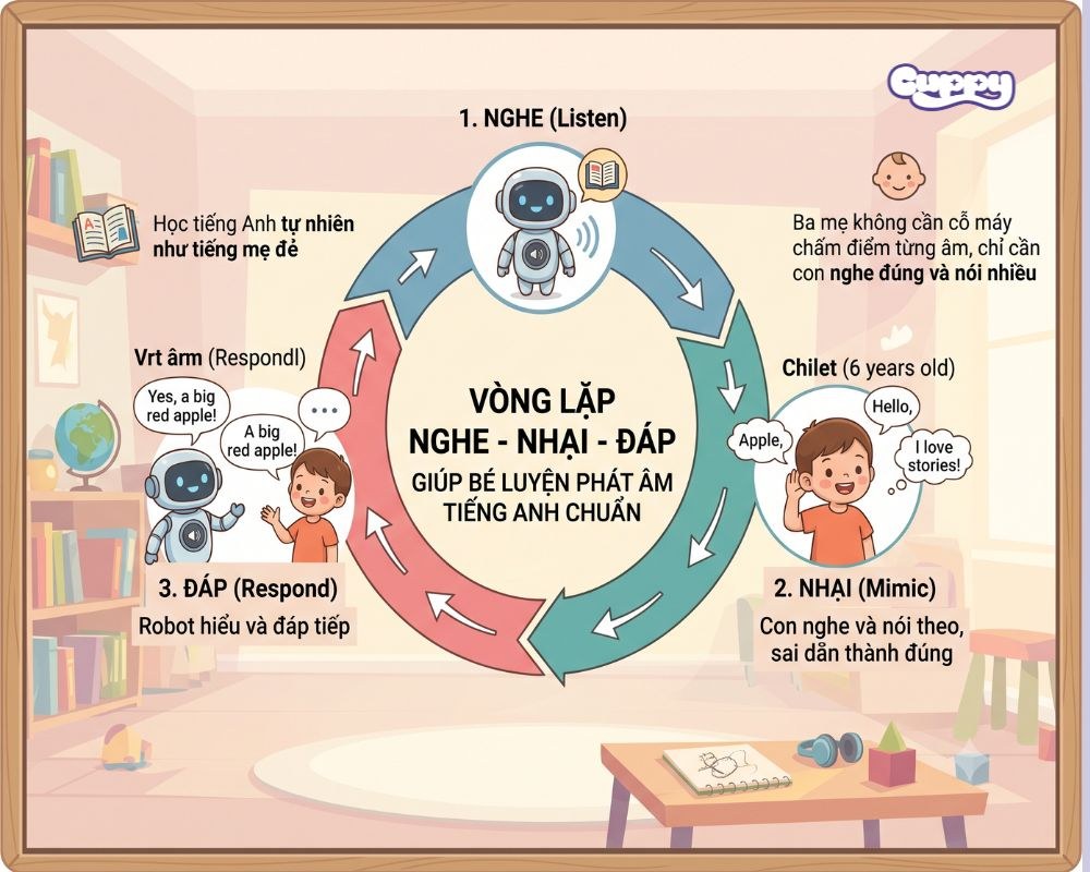 Vòng lặp nghe - nhại - đáp giúp bé luyện phát âm tiếng anh chuẩn